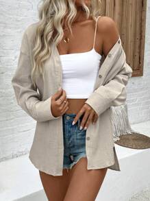 EMERY ROSE Áo Sơ Mi Dài Tay Trễ Vai Màu Trơn Cho Nữ Cho Mùa Xuân/Hè - Màu be - Xem 6