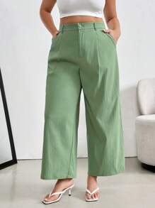 SHEIN Essnce Große Größen Sommerhosen für Damen, weite Beine Lässig Straight-Leg Hosen für Country Konzerte, grüne Schlupfhosen, Lehrerin - Grün - Übersicht 3