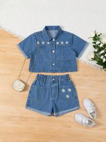Conjunto para niña preadolescente de camisa de mezclilla azul con bordado de manga corta y pantalones cortos lavado mediano - Azul lavado medio - Ver 1
