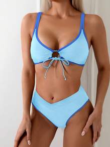 SHEIN Swim Ladies' Holiday Contrast Color Hollow Out Lace-Up Sexy Bikini Set,Summer Beach