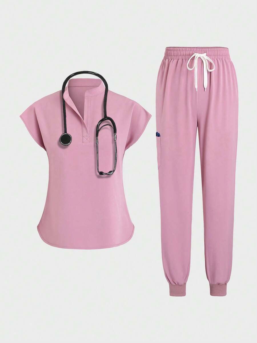 SHEIN Unity 女士護士服套裝，經典多口袋V領上衣和褲子組合，醫療護理制服套裝 - 藕粉色 - 查看 1