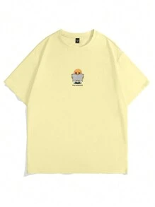 Manfinity Hypemode Camiseta casual de verano para hombre con cuello redondo, manga corta y estampado de letras de dibujos animados