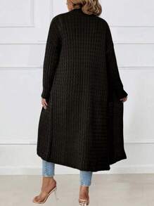 女式加大码纯色落肩双口袋粗针织开衫，冬季 - 黑色 - 查看 2
