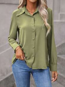 SHEIN LUNE Camisa casual de manga larga y corte holgado con botones en la parte delantera - Verde - Ver 4