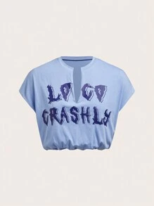 SHEIN EZwear Women's Summer Loose Fit Batwing Crop Sleeve Crop Top, V-Neck Tee With Letter Print - Blue - View 3