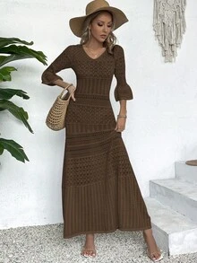 Vestido de punto midi con cuello en V impreso, manga larga y calado para mujer, primavera y verano (patrón aleatorio) - Marrón Mocha - Ver 6