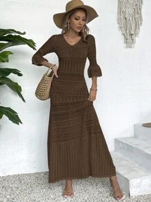 Vestido de punto midi con cuello en V impreso, manga larga y calado para mujer, primavera y verano (patrón aleatorio)