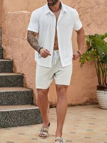 Manfinity RSRT Men Plus Size Holiday Casual Solid Color Hollow Embroidery Short Sleeve Shirt And Shorts Set