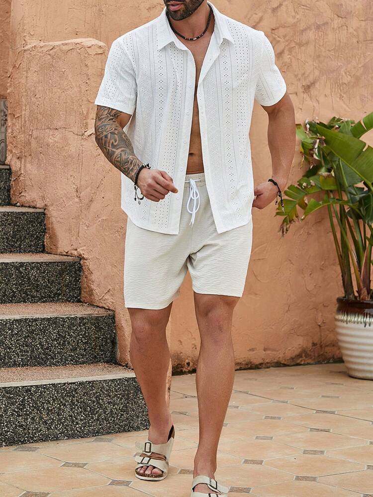 Men Plus Size Holiday Casual Solid Color Hollow Embroidery Short Sleeve Shirt And Shorts Set