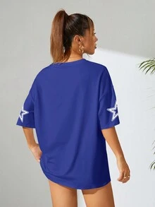 SHEIN EZwear 女式夏季鬆身款圓領下肩短袖休閒T恤，字母印花