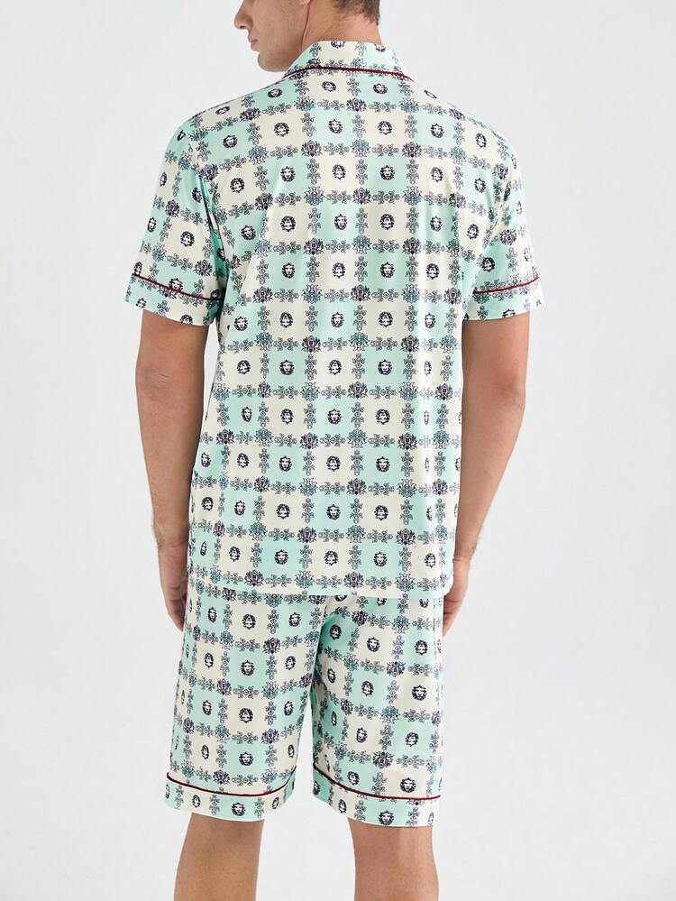 Men's Color-Block Edges Print Single-Breasted Casual Short-Sleeve Top And Shorts Homewear Set, Summer