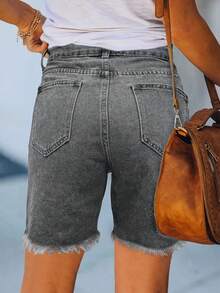 Women High-Waisted Frayed Edge Ripped Straight-Leg Denim Shorts - Grey - View 2