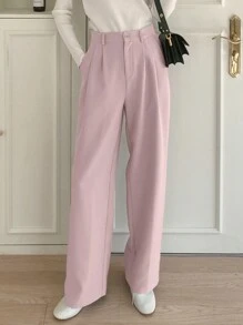 DAZY Calça de Terno Reta Plissada de Cor Sólida Casual, Calça Feminina de Vestir Roupa de Escritório