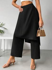 SHEIN Essnce Women Two-Layered Linen Color Loose Straight Long Skirt & Pants For Spring And Summer Casual Wear - Black - View 5