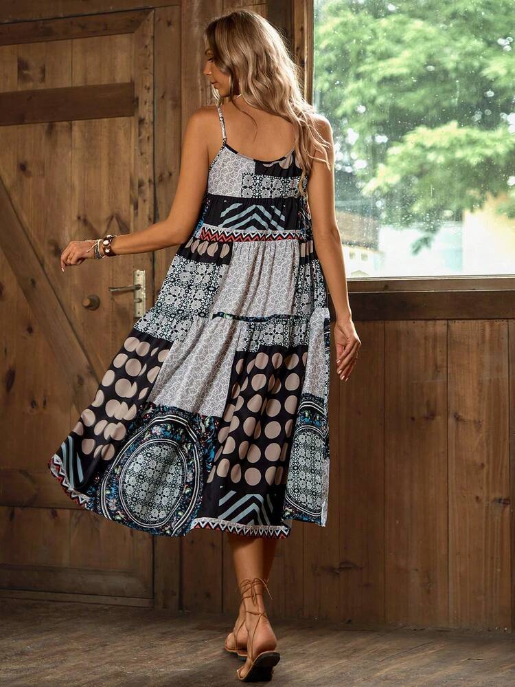 Women's Vintage Patchwork Pattern Sleeveless Spaghetti Strap Dress For Vacation And Leisure