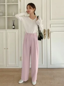 DAZY Calça de Terno Reta Plissada de Cor Sólida Casual, Calça Feminina de Vestir Roupa de Escritório