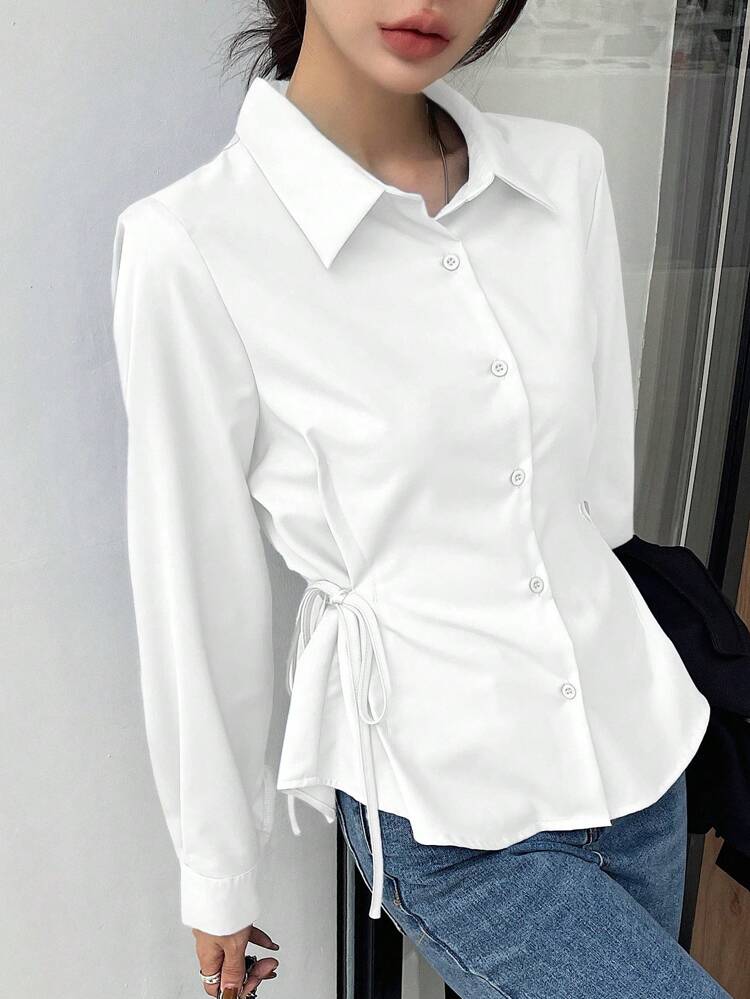 1pc Women's Business Casual Solid Color Lapel Long Sleeve Tie Waist Blouse Summer