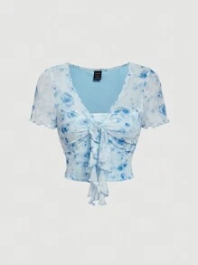 SHEIN MOD Women's Romantic Pink Floral Print Summer T-Shirt With Flutter Sleeves - Blue - View 1