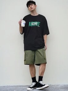 DAZY Men's Summer Letter Printed Round Neck Short Sleeve Casual T-Shirt And Cargo Pocket Shorts Set - Black - View 8