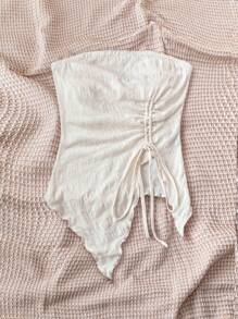 Soleia Women's Vacation Creamy White And Apricot Textured Knit Top With Strapless And Slits, Featuring Drawstring Design. Perfect Outfit For Graduation Season And Afternoon Tea Gathering.