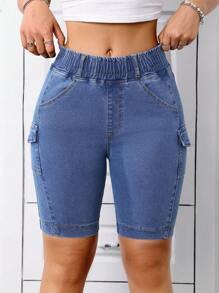 Y2K Style Women's Stretchy Casual Versatile Street Utility Multi-Pocket Elastic Waist Denim Bermuda Shorts, Spring/Summer