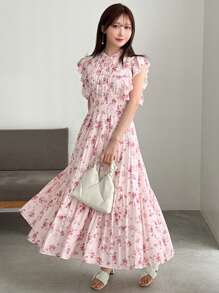 FRIFUL Women's Summer Floral Printed Cap Sleeve Midi Dress With Ruffled Trim Sundress