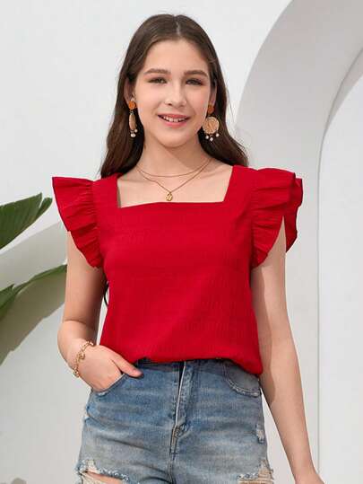 SHEIN Camiseta casual tejida para adolescente con cuello cuadrado y mangas cortas con volantes de unicolor Jacquard