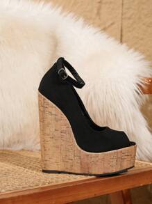 Nữ Sandal Mũi Nhọn Peep Toe Gót Chun Quai Cổ Chân Họa Tiết Vân Gỗ Và Gót Siêu Cao - màu đen - Xem 3