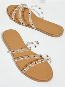 SHUZIA 女士鑲釘裝飾休閒平底涼鞋，適用於每天穿著