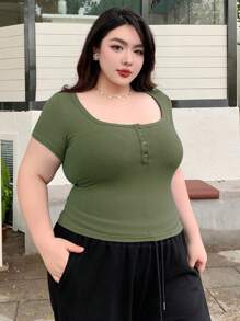 Dazy Plus Plus Size Solid Color Slim Fit Short Sleeve T-Shirt With Half-Open Placket And Square Collar Summer,Crop Tops Women - Green - View 5