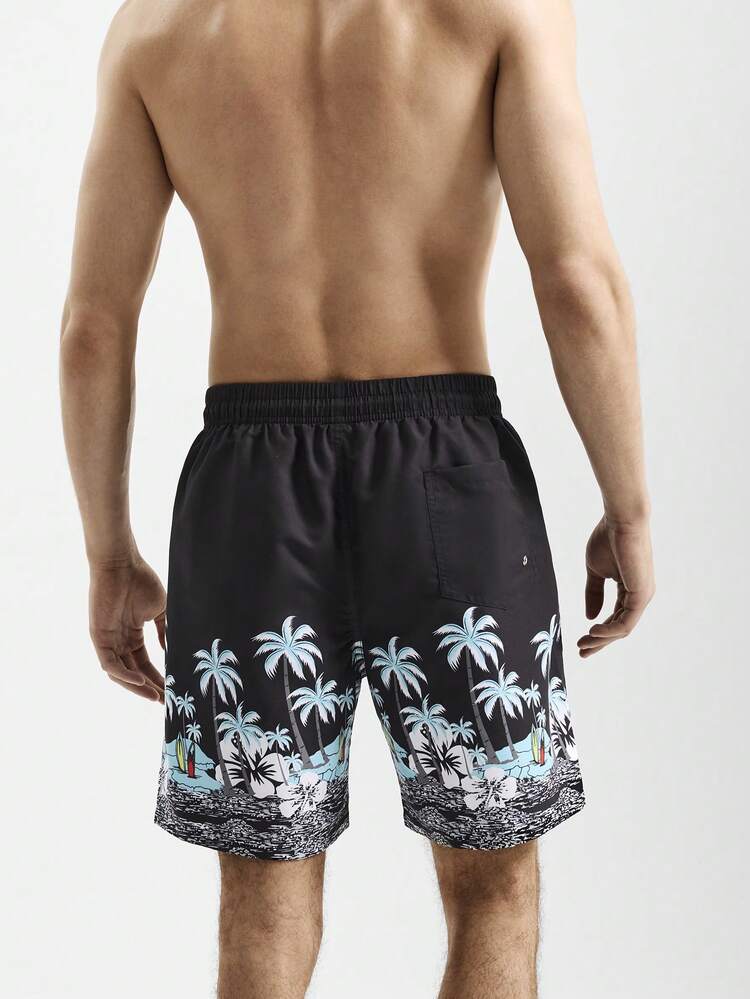 Men Palm Tree Printed Elastic Waistband Wide-Leg Beach Shorts For Vacation (Random Cut Print)