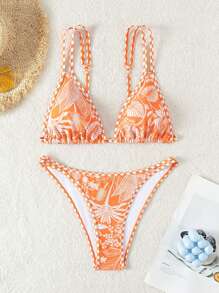 SHEIN Swim Women's Vacation Plant Printed Sexy Bikini Set, Random Printed, Two Pieces Swimming Suit,Summer Beach - Orange - View 1