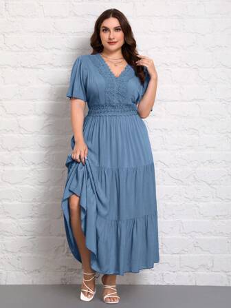 SHEIN Privé Plus Size V-Neck Elegant Lace Patchwork Long Casual Summer Holiday Short Sleeve Dress