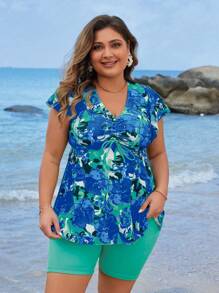 Swim Lushoire Plus Size Summer Beach Floral Print Drawstring Top And Solid Color Square Shorts Tankini Swimwear Set - Multicolor - View 4