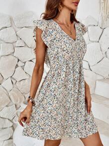 SHEIN LUNE Women's Summer Fashionable Short Floral Ruffle Hem Romper - White - View 4