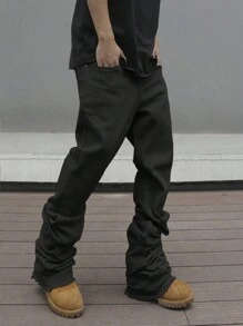 Manfinity EMRG 男士休閒實色百褶喇叭牛仔褲 - 黑色 - 查看 1