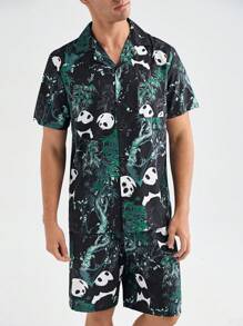 男士卡通熊貓印花前扣短袖上衣和短褲，夏季家居套裝 - 黑色 - 查看 8