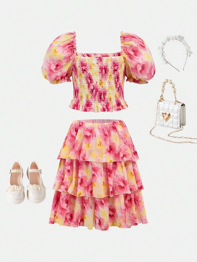 Tween Girl Cute And Lovely Floral Printed Square Neck Dress With Matching Headband Set