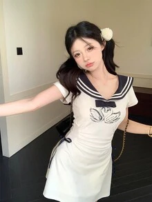 女士時尚雙天鵝海軍裝裙子 - 白色 - 查看 4