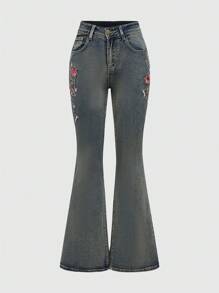 ROMWE Jeans acampanados con bordado de flores de enredadera de rosas de cintura baja para mujer con bolsillos - Azul lavado medio - Ver 2