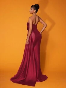 Smilprince Long Sexy Strapless Solid Color High Slit Ruched Elegant Evening Gown Dress (Heavy Embellished) - Burgundy - View 2