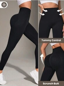 Easithlete Solid Tummy Control Sports Leggings Spandex - Black - View 3