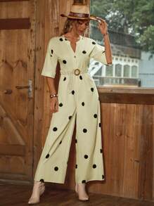 Breezaya Polka Dot Print Plunge Belted Jumpsuit, Vacation Style, Summer