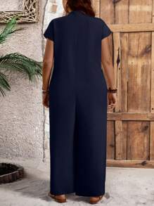 EMERY ROSE Bộ áo liền quần ngắn tay màu trơn cỡ lớn có túi, trang phục thường ngày mùa hè - Màu xanh hải quân - Xem 2