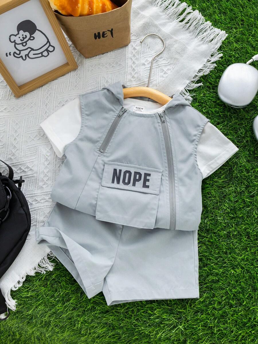SHEIN 夏季寶寶男女通用時尚可愛連帽背心、T恤和短褲3件套裝 - 彩色 - 查看 1