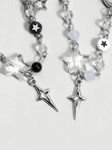 ROMWE Grunge Punk 2 pièces Ensemble de bracelet style punk avec étoiles noires et blanches, perles. Convient pour un porter quotidien, cadeau de Saint-Valentin, maman, mère, fête des mères