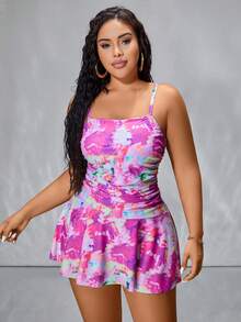 Swim EVENT Plus Size Women's Tie-Dye Printed Ruffle Hem Casual Cami Swimsuit Dress For Vacation,Summer Beach - Multicolor - View 4