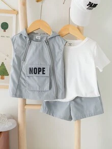 SHEIN 夏季寶寶男女通用時尚可愛連帽背心、T恤和短褲3件套裝 - 彩色 - 查看 7