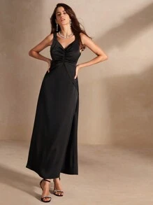 Anewsta Elegant V-Neck Sleeveless Dress With Pleats And Cinched Waist, Summer