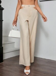 SHEIN BIZwear Pantalones rectos con lazada y cintura alta de unicolor y con aberturas - Albaricoque - Ver 5